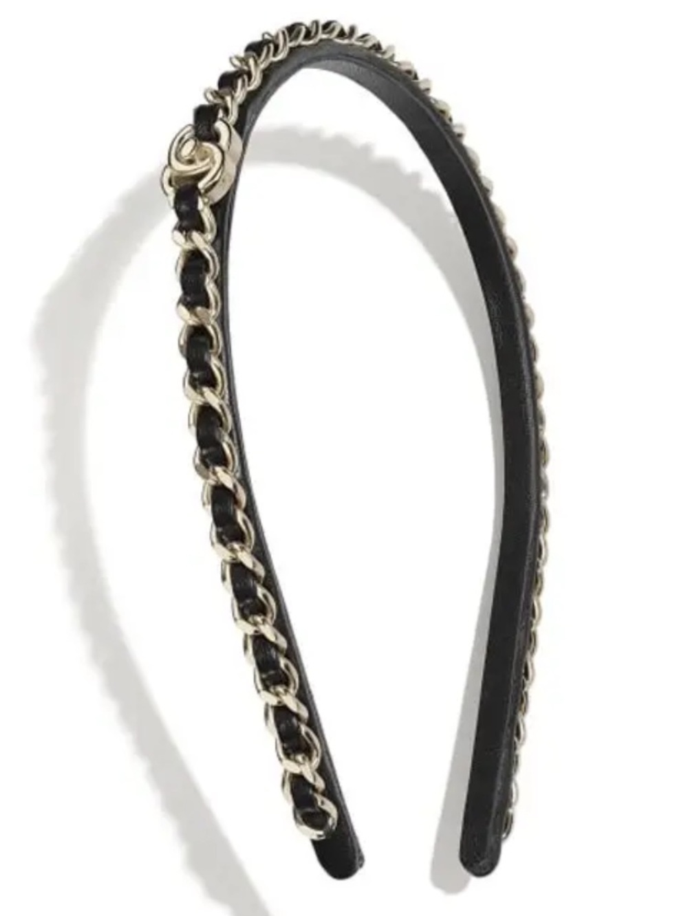Double C Designer Turnlock Logo Gold Tone Black Leather Headband Accessories